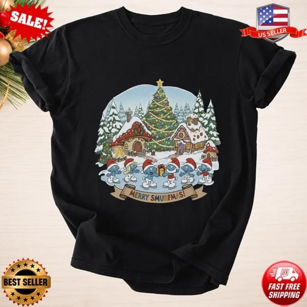 Merry Smurfmas T-Shirt Smurfs Christmas Tee Holiday Cartoon Shirt S-5XL
