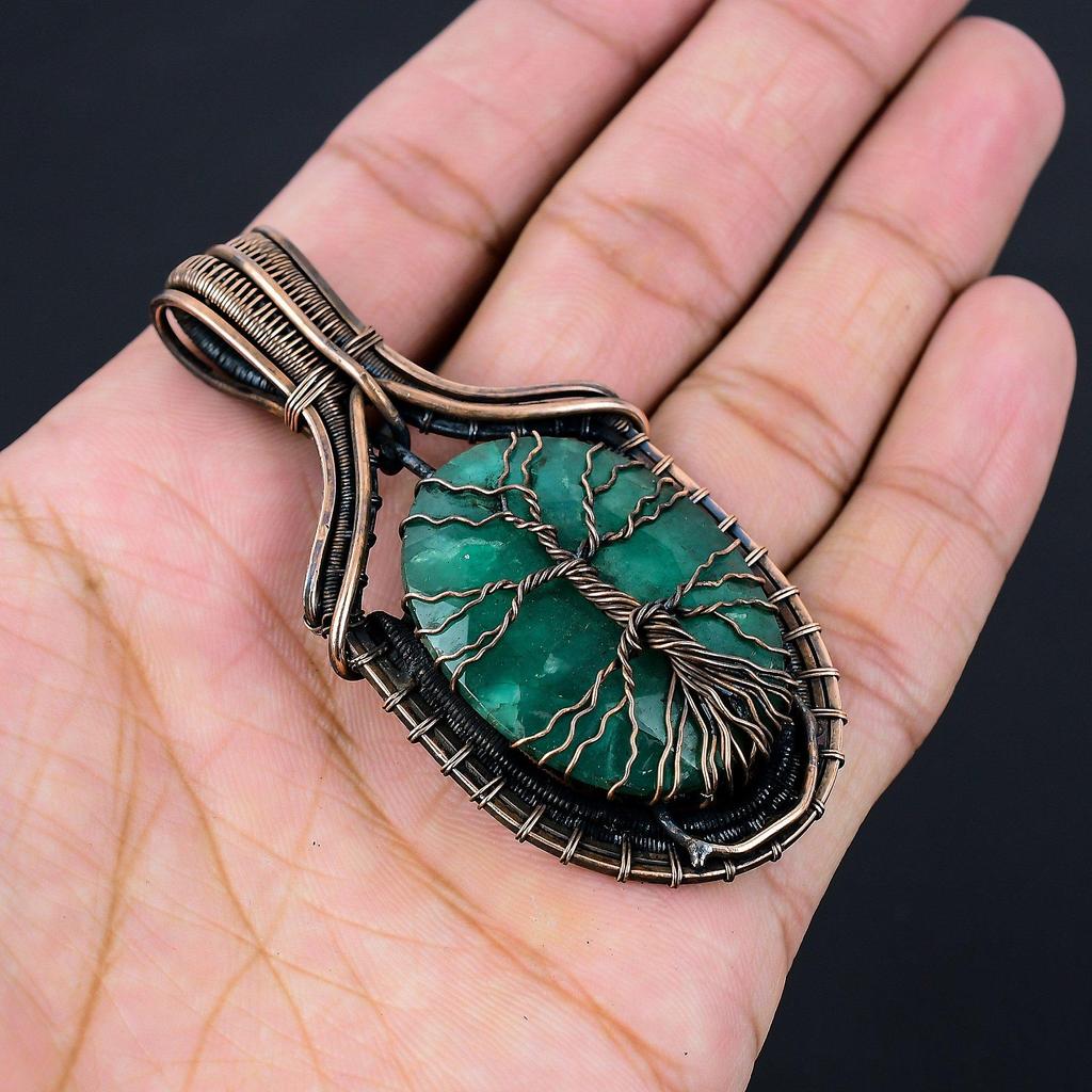 Подвеска ручной работы с Древом жизни, созданный в лаборатории изумрудный драгоценный камень, обернутая чистой медной проволокой