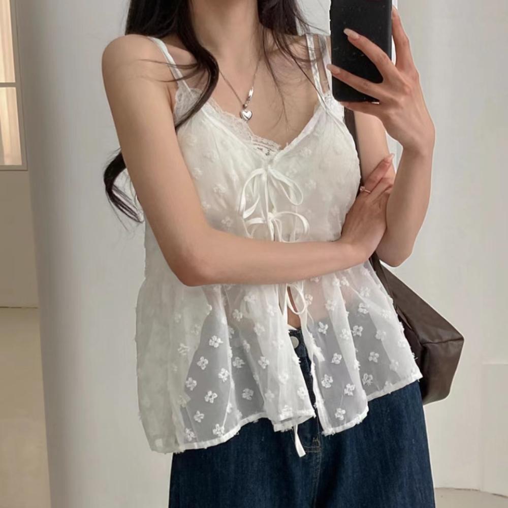 French Lace Sling Elegant Mesh Tops Women Summer Fashion Stacked Design Loose Gauze Tanks Korea Vintage Outwear Camis 2024 New