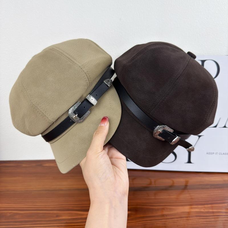 Fashion belt buckle octagonal hat women's autumn and winter temperament versatile face newsboy hat suede retro painter hat