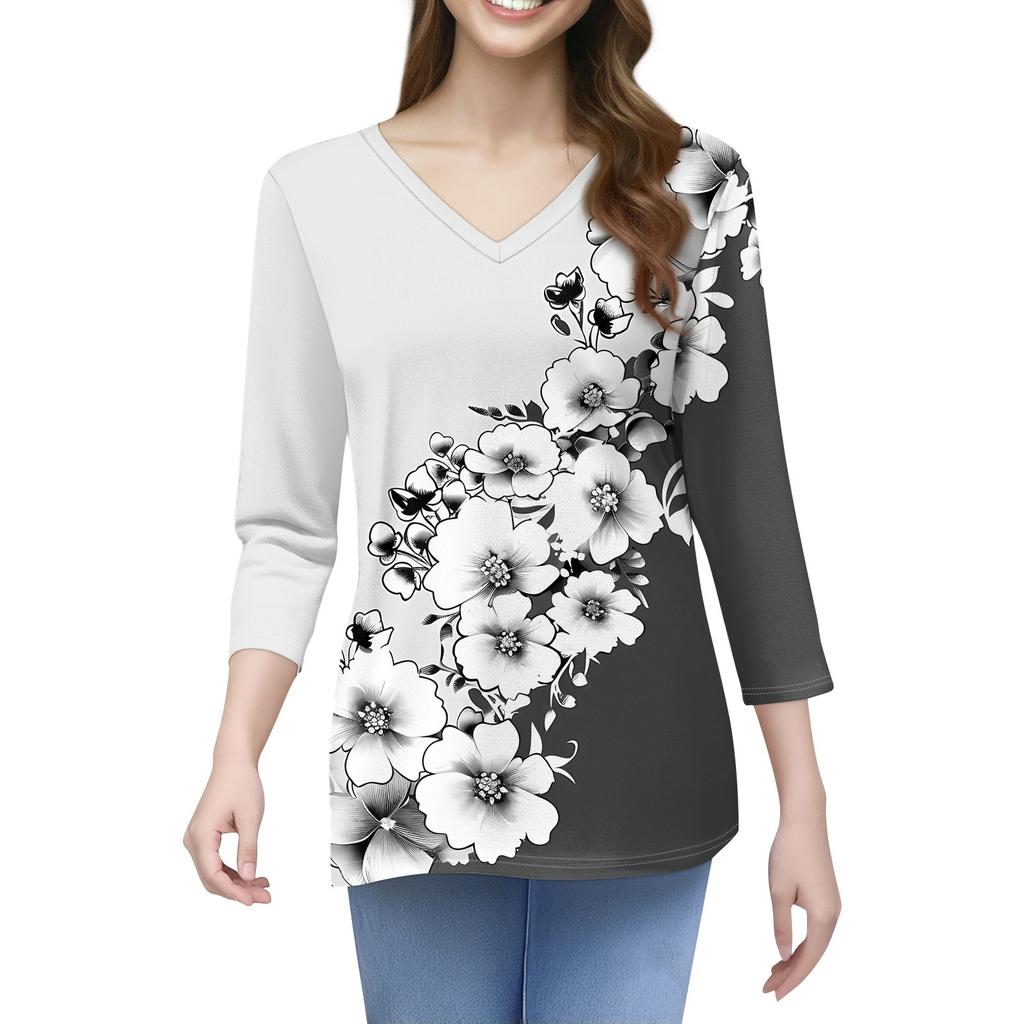 Женская футболка с принтом, рукав 3/4, повседневная мода на выходные, базовый топ с V-образным вырезом
