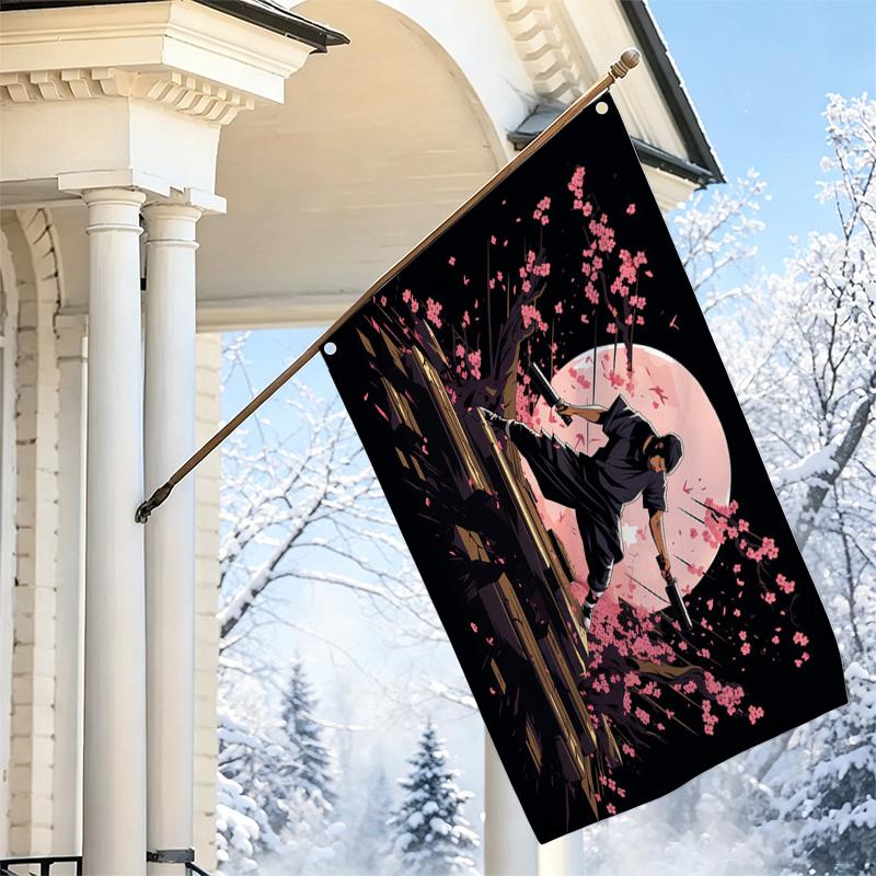 2D Flat, 1pc 2D Flat Decorative Flag, Japanese Samurai Cherry Blossom Full Moon Pattern Flag, Japanese Style Swordsman Battle Hanging Art, Living Room