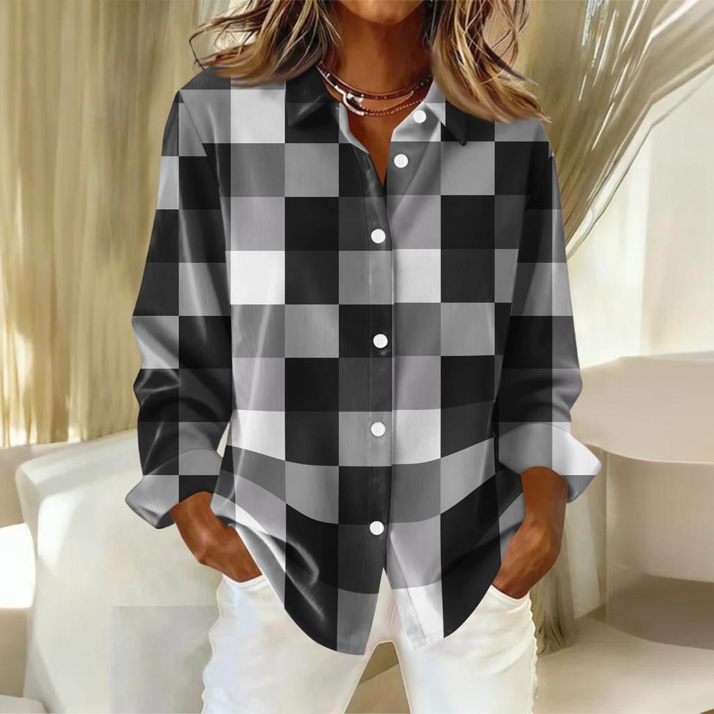 Женская рубашка-блузка с рождественским принтом и пуговицами, длинный рукав, повседневный базовый рубашечный воротник, обычный топ