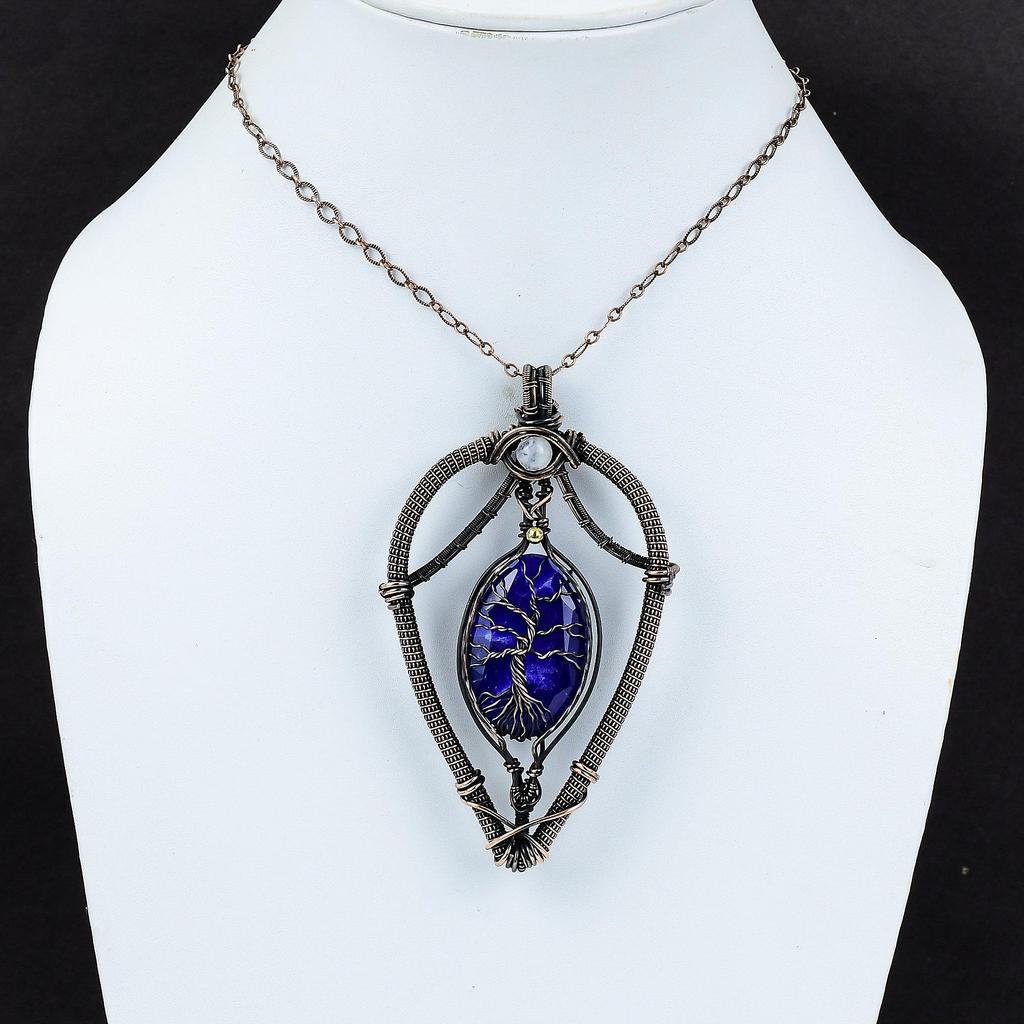 Кулон с граненым синим сапфиром «Дерево жизни», обернутый медной проволокой, ювелирное изделие ручной работы, подвеска из драгоценного камня «Радужный лунный камень», обернутая медной проволокой