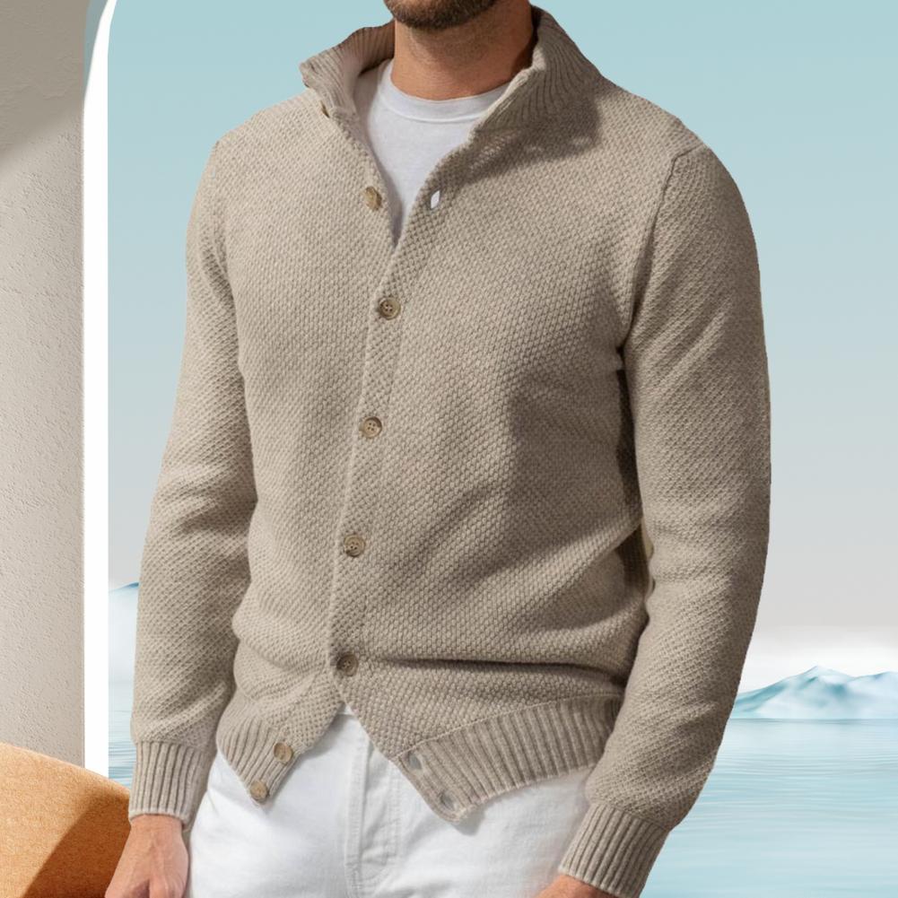 Fall Winter Men Sweater Knitted Single-breasted Buttons Long Sleeves Stand Collar Solid Color Elastic Cardigan Mid Length Daily