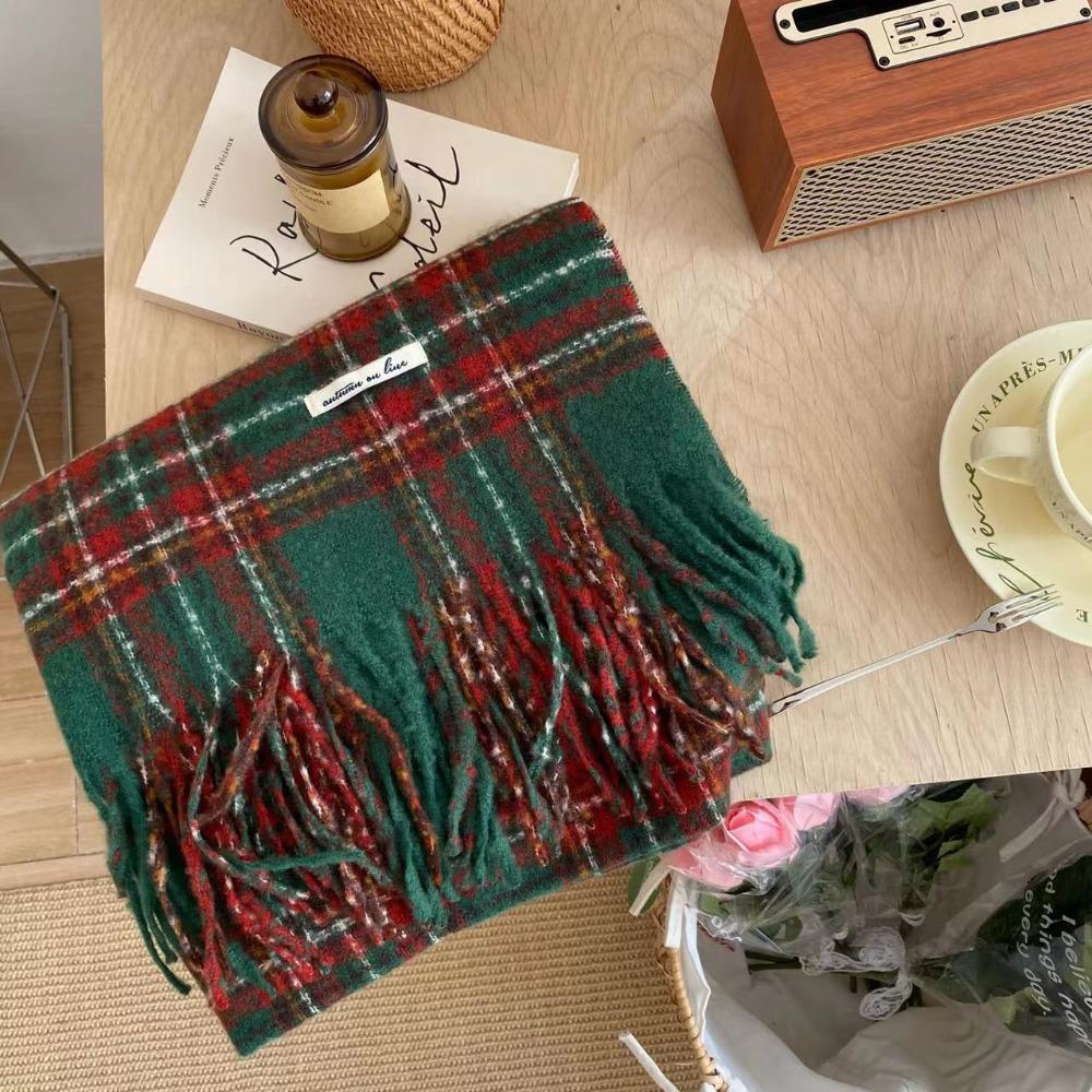 Plush Plaid Wool Scarf Tassel Long Shawl Retro Winter Cashmere Scarves Autumn Winter