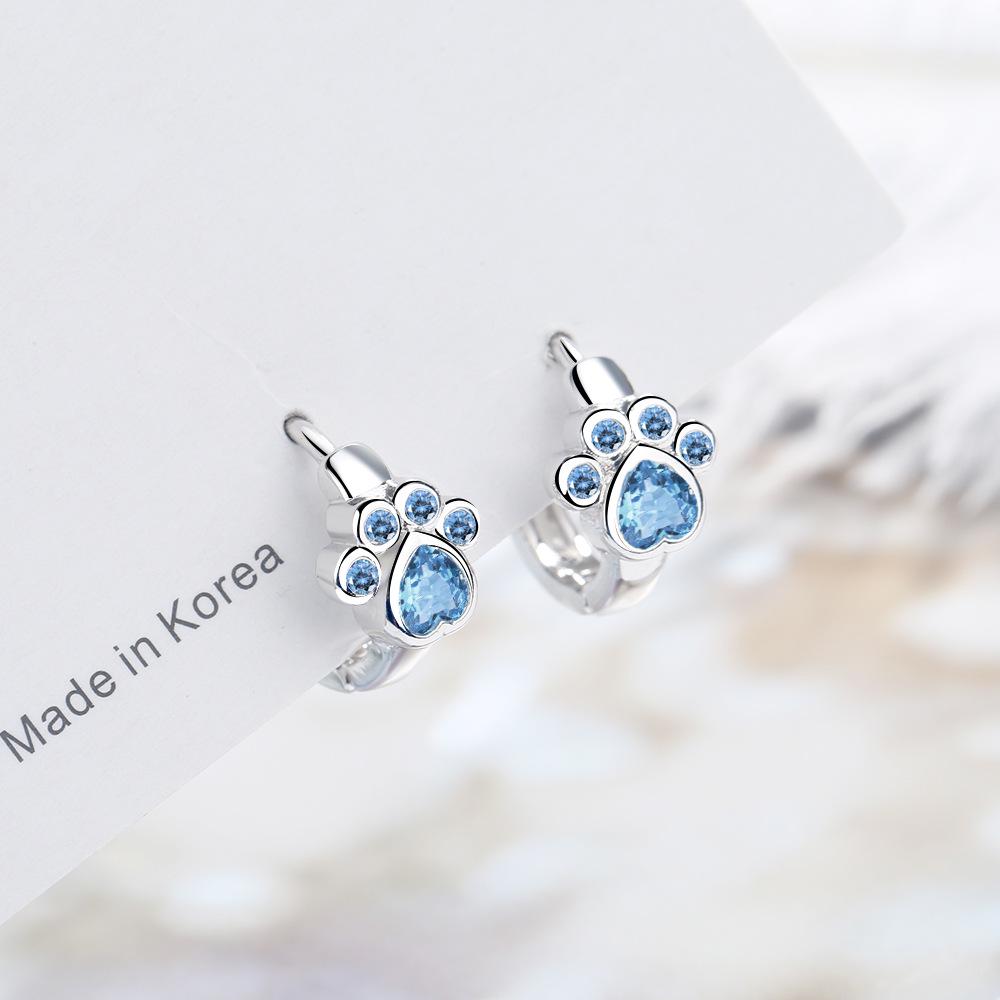 New Cute Cat Paw Shape Blue Zircon 925 Silver Hoop Earrings for Women Girls Party Accessory Jewelry Gift