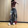 Autumn new retro printing ripped wide-leg jeans women's high waist and thin casual tooling scimitar pants women