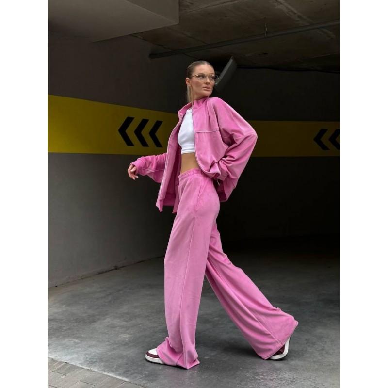 Womens Casual Velvet 2-Piece Set Long Sleeve Zip-Up Top Elastic Waist Wide Leg Pants