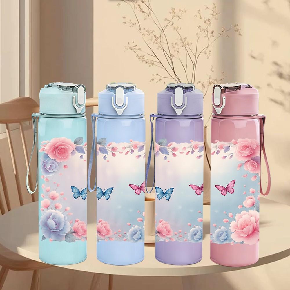 1PC Pink Butterfly Flower Frame Art 750ml Color Plastic Sports Water Bottle Leakproof Flip Straw Lid For Sports Office Home Use