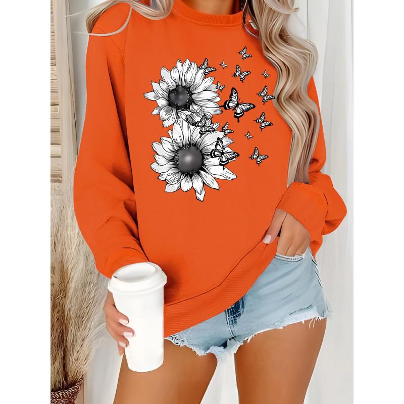Womens Floral Print Hooded Sweatshirt Loose Fit Casual Pullover Fall Winter