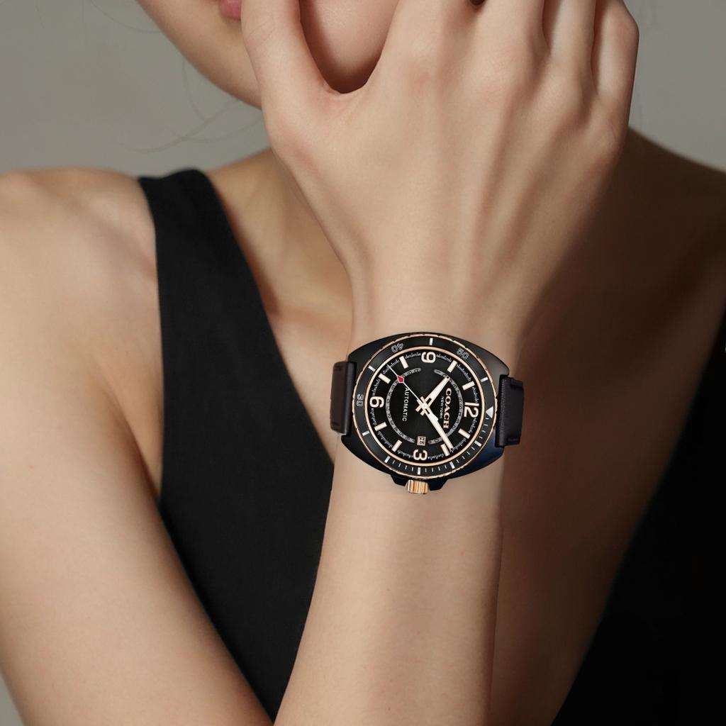 Coach Charter Series Watch Mechanical Movement Leather Strap 44.5mm Black Dial 50m Water Resistant Unisex watches 14602734