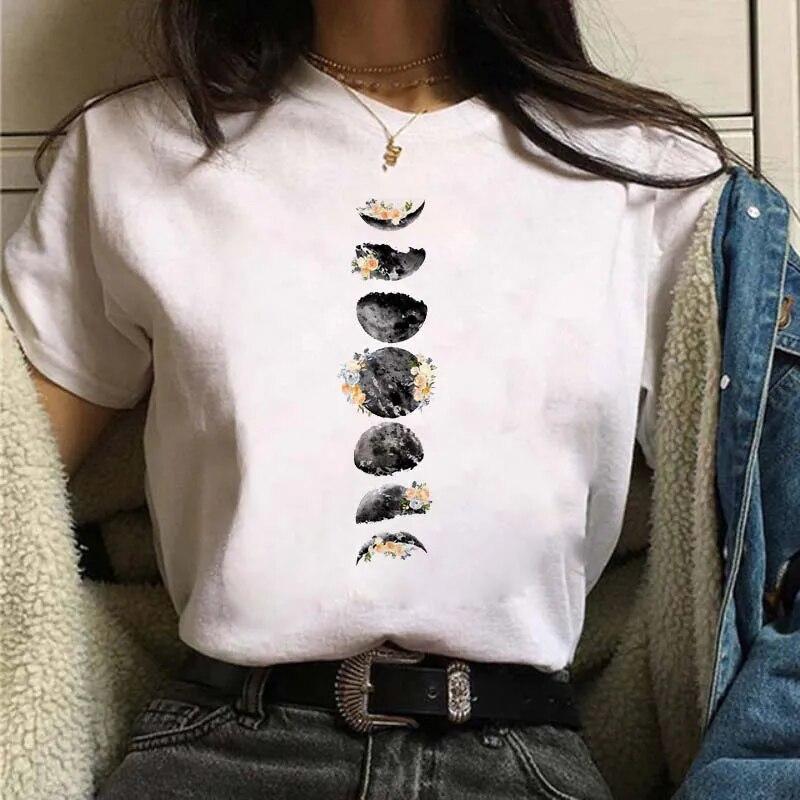 Casual Women's Round Neck T-shirt Lunar Eclipse Printed Women's T-shirt New Eclipse of the Moon Moon Style Women's White T-shirt