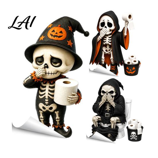 Seasonal Toilet Lid Decorations Halloween Skeleton Sticker Funny Pooping Decal Spooky Bathroom Decor for Adhesive Waterproof Sticker Tank