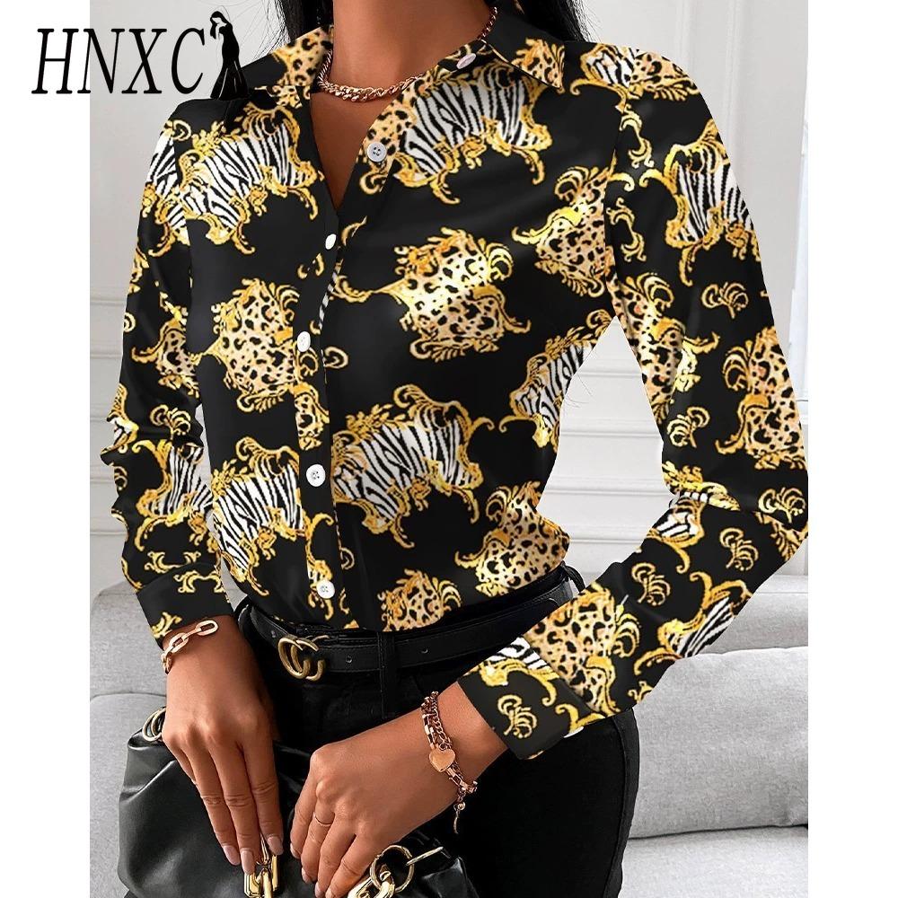 HNXC Женские модные повседневные блузки и рубашки с принтом однотонного цвета, с длинным рукавом и воротником поло
