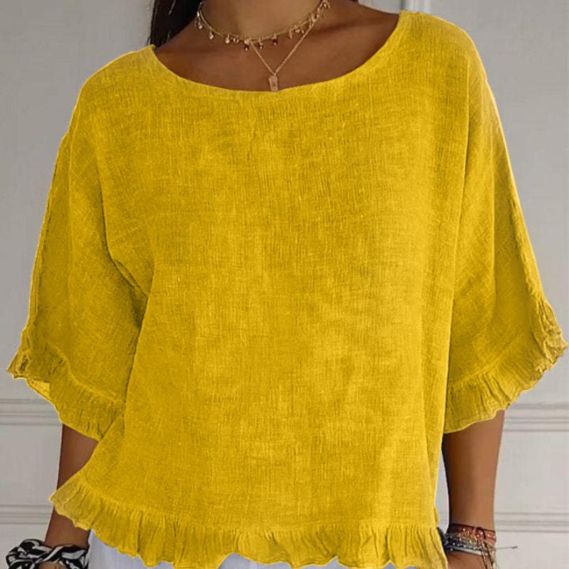 Летняя повседневная футболка с круглым вырезом и короткими рукавами из хлопка и льна, повседневная однотонная свободная футболка-пуловер, рубашка для женщин