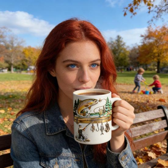 Керамическая кружка "Подсел на рыбалку" 2D Плоская печать Чашка для чая и кофе Забавные подарки для мужчин Папы Мужа Любителей рыбалки и парусного спорта