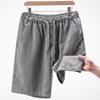 Summer Thin Grey Cotton and Linen Capre Pants, Men's Solid-color Loose Straight Stretch and Tight Waist Beach Casual Shorts