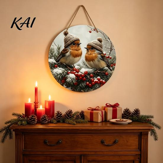 Winter Theme Party Supplies Wooden Bird Hanging Sign, Rustic Decorative Wall Plaque with Christmas Signs Rope, 2D Flat Art Decor for Holiday