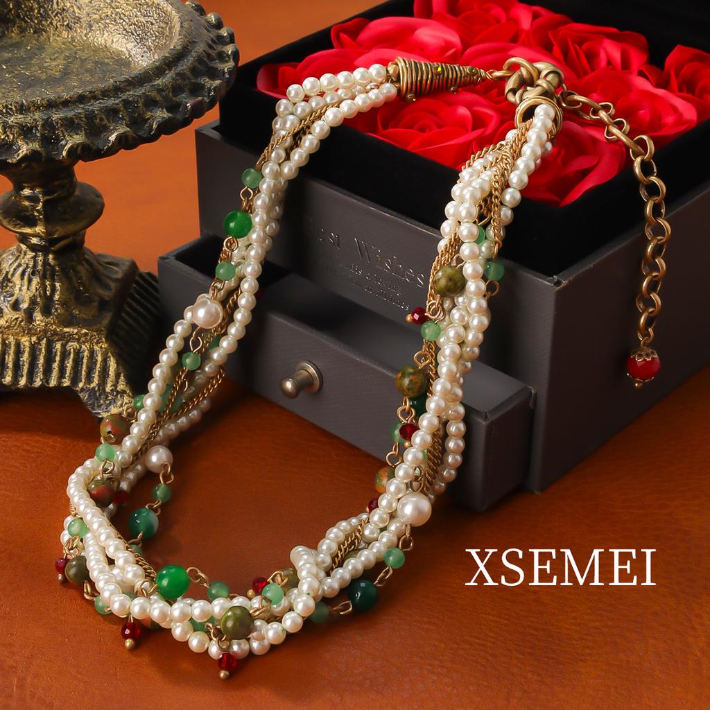 Medieval Exaggerated Retro Court Pearl Agate Multi-layer Heavy Industry Twist Chain Collarbone Necklace Fringed Red High