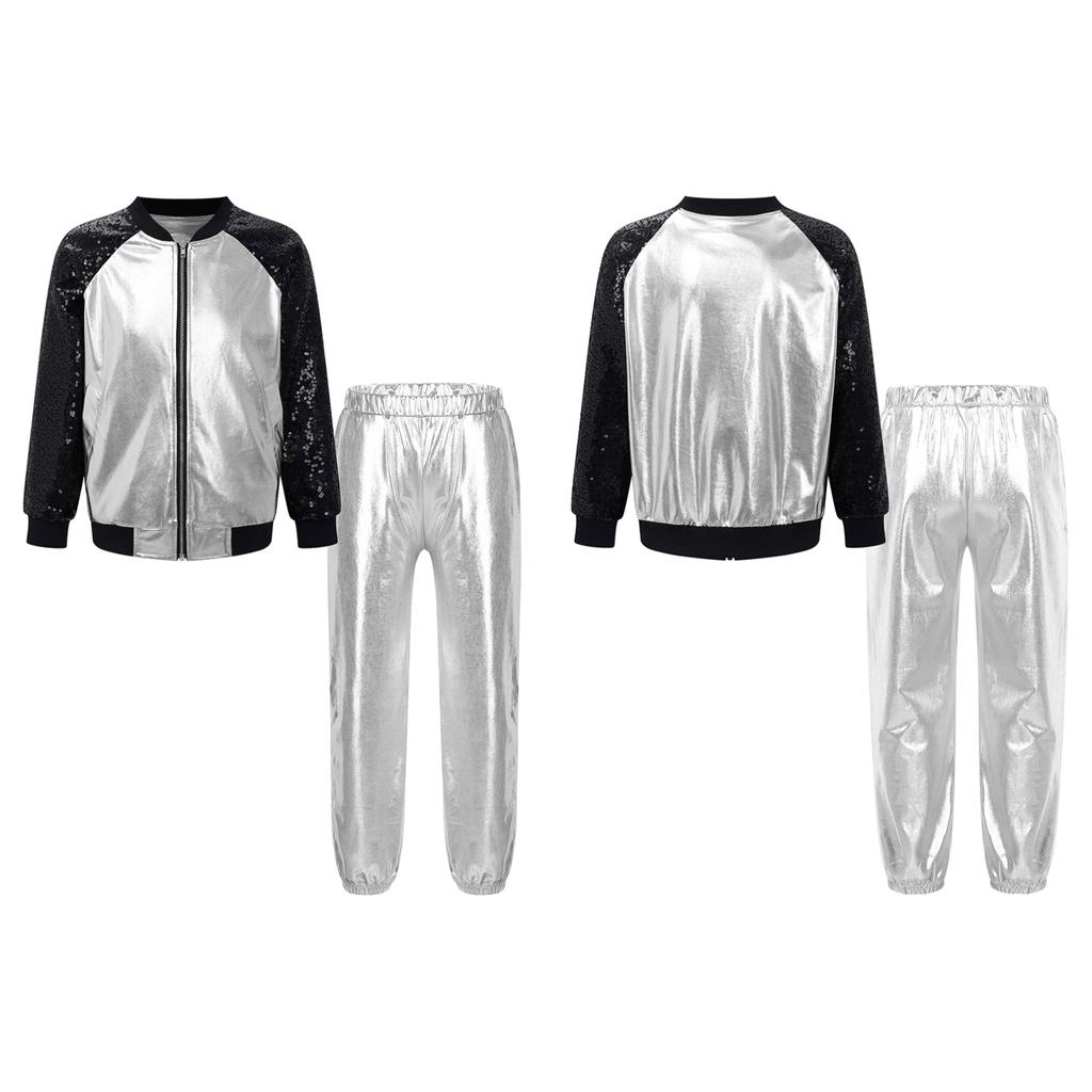 Детская куртка на молнии с длинными рукавами и блестками для девочек и штаны цвета металлик для танцевального выступления в стиле хип-хоп