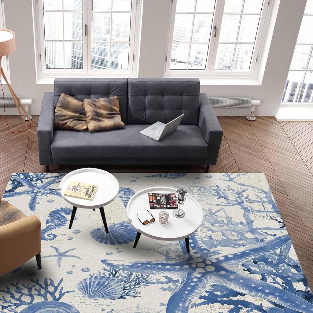 Vintage Starfish Washable Area Rugs Coral Seahorse Shell Ocean Blue Non Slip Rugs for Living Room Bedroom, Low Pile Floor Mat