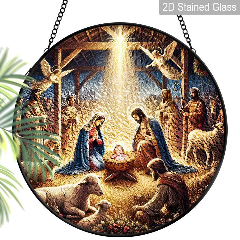 1pc 2D Flat Nativity Stained Glass Suncatcher, 6.3/7.87 Inch Sacred Nativity Scene Glass Suncatcher, Religious Christmas Hanging Ornament Gift