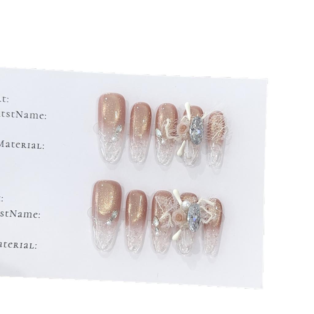 Women Long Press‑On Nails Pure‑Handmade Pink Cat Eye European‑American Zircon Flower Sparkling False Nail Patches