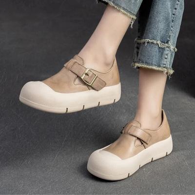 Минималистичная повседневная женская обувь из натуральной кожи с круглым носком, универсальные туфли на плоской подошве в стиле ретро, ​​на толстой подошве