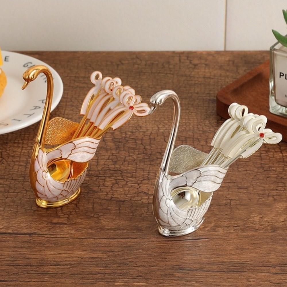 6 Pieces Coffee Spoon Set Swan Base Holder Stainless Steel Spoons Dessert Spoon Set Fruit Dessert