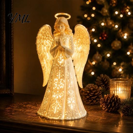 Collectible Resin Angel Figurine Guardian with Warm LED Light for Christmas Decor, Praying Peaceful Keepsake Memorial Lamp Statue Tabletop Night Home