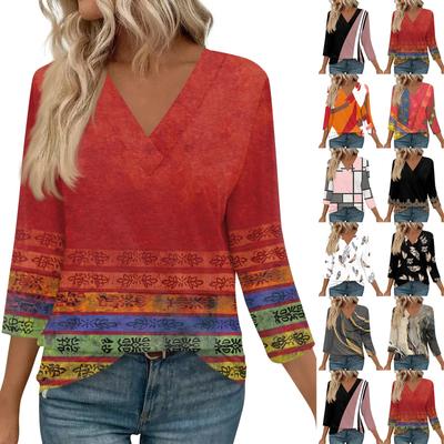 Женские топы с рукавами 3/4 и V-образным вырезом, повседневные туники, базовые рубашки, блузки свободного кроя