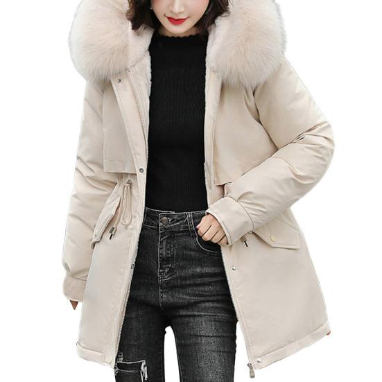 Women Coat Hooded Jacket with Faux Fur Collar Warm Fashionable Zipper Closure Coat
