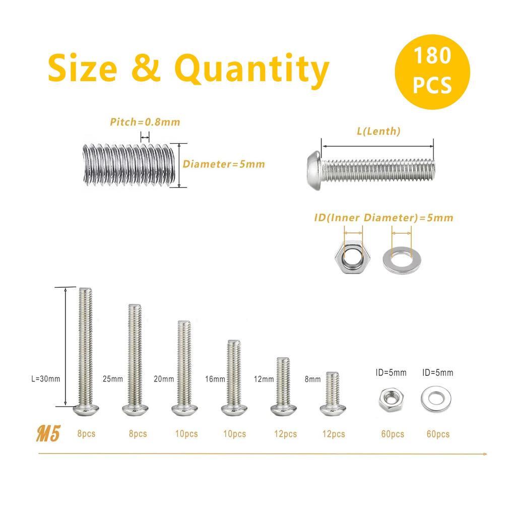 180 винтов с полукруглой шестигранной головкой, гайки-кнопки, комплект шайб, M5x (8/12/16/20/25/30) мм болты из нержавеющей стали, n