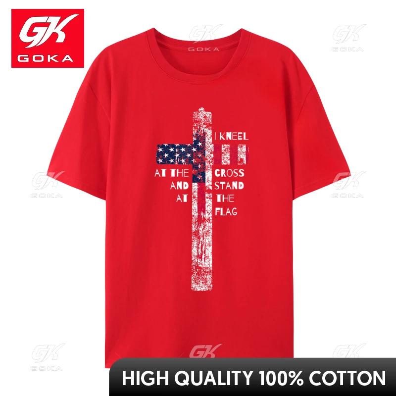 I Kneel At The Cross and Stand At The Flag Simple Style Cotton Tops Tees for Unisex Printed Top TShirts Custom Slim Fit