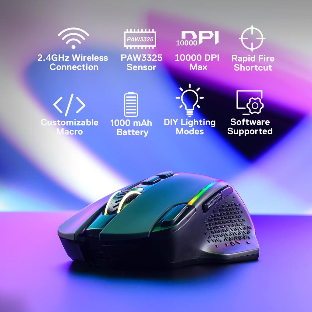 Redragon M810 Pro Gaming Wireless 10000 8 Programmable Turbo Up to 45 Hours Continuous RGB Compatible with Black Mouse, 2.4GHz, Wired/Wired