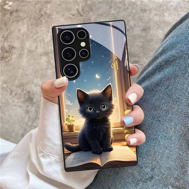 Стеклянный чехол для телефона с рисунком черной кошки, подходит для Samsung Galaxy S26 S25 S24 S23 S22 S20 FE/Ultra/Plus, пылезащитный и ударопрочный