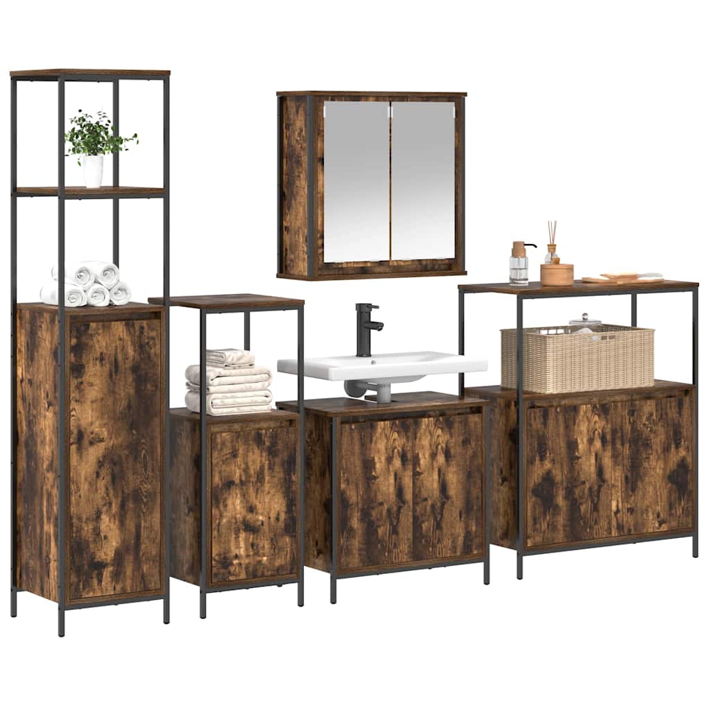 Bathroom Furniture Set with Door 5 pcs Smoked Oak and Black Brown