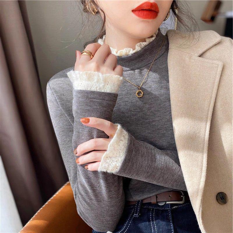 Кружевной бархатный топ с высоким воротником для женщин - Элегантный, теплый и утолщенный для осени/зимы