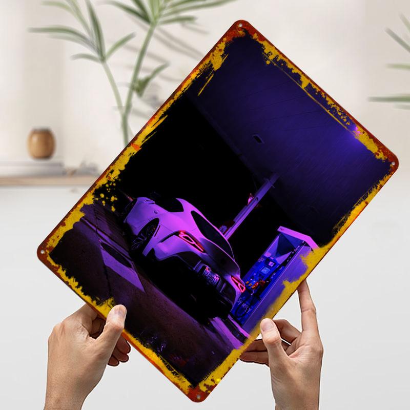 White Sports Car At Night Tin Plaque Poster Customized Wall Art Retro Vintage Metal Signs for Room Decoration Garage Desk Decor