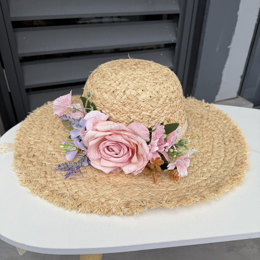 Summer French big brim sun hat women's fashion ins seaside sun protection Lafite straw hat idyllic flower sun hat