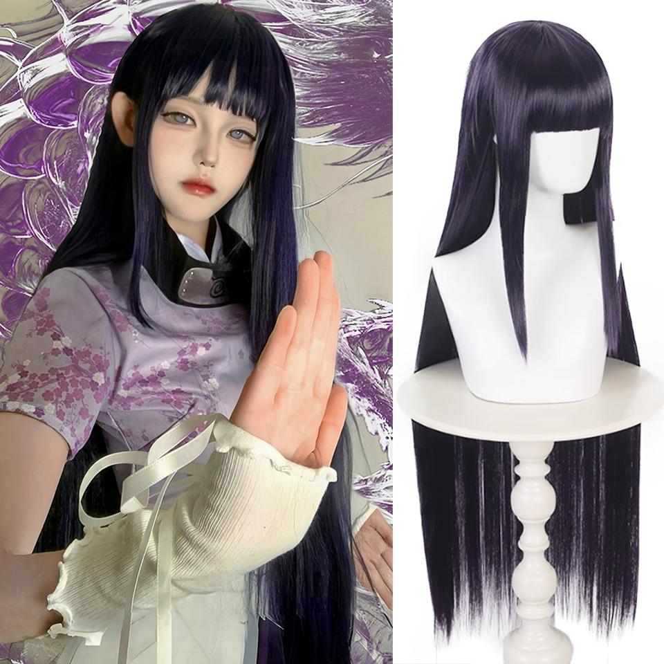 Черный и фиолетовый длинный прямой синтетический парик Наруто-Хьюга Хината косплей мультяшный парик с прямой челкой длинный прямой парик
