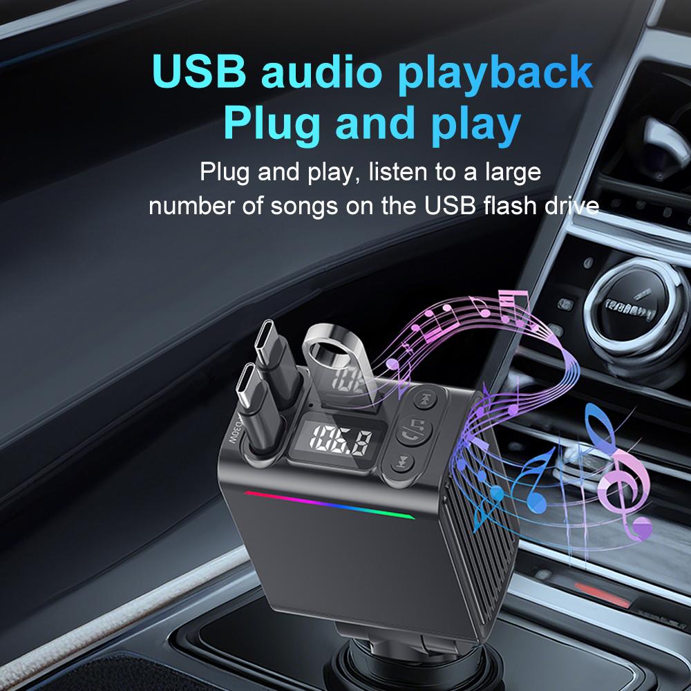 C88 USB Car Charger Cigarette Lighter Adapter with Dual Retractable Cable Bluetooth-Compatible 5.3