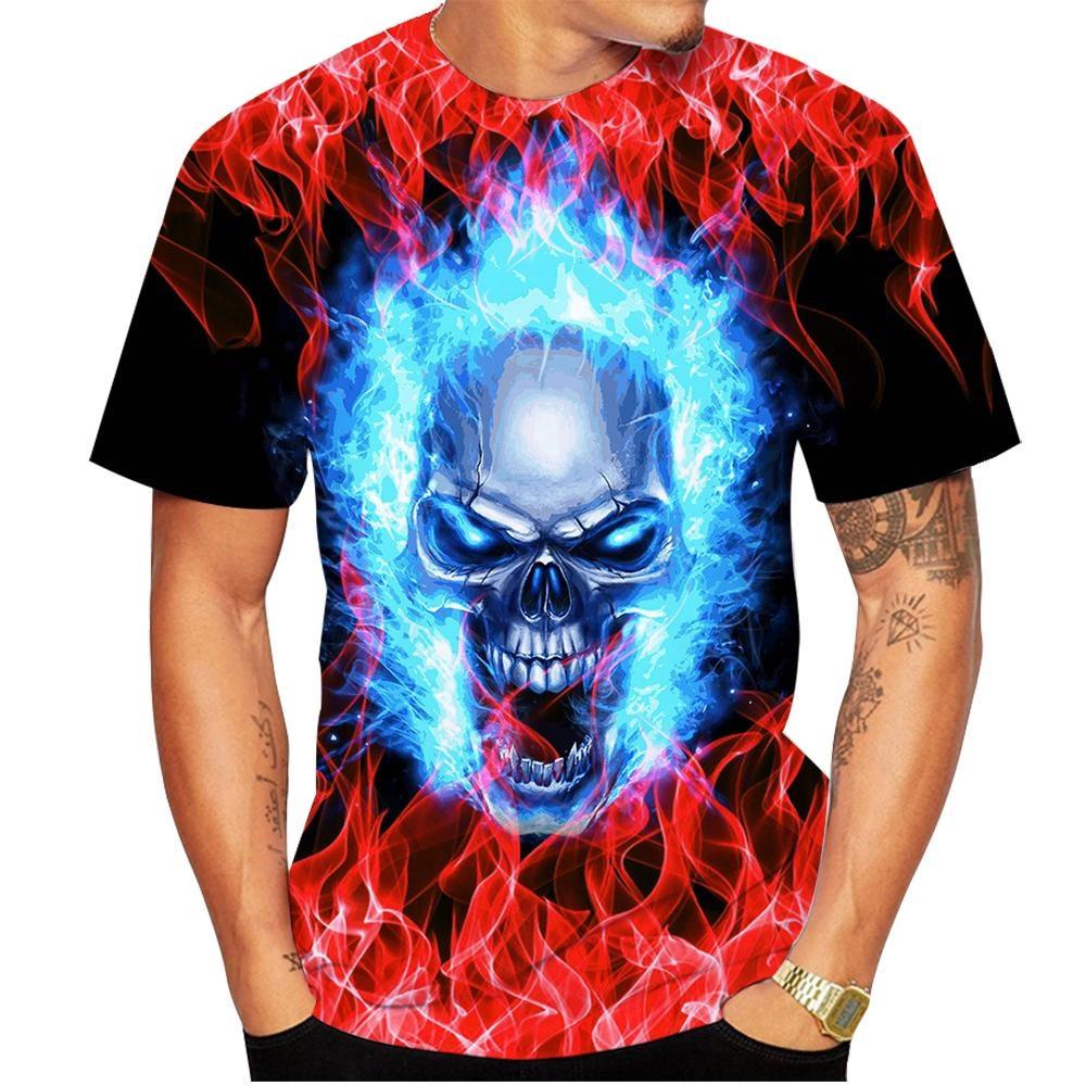 Fire Skull Pattern 3D Printed Men's Casual Hoodie Round Neck Short Sleeve T-shirts