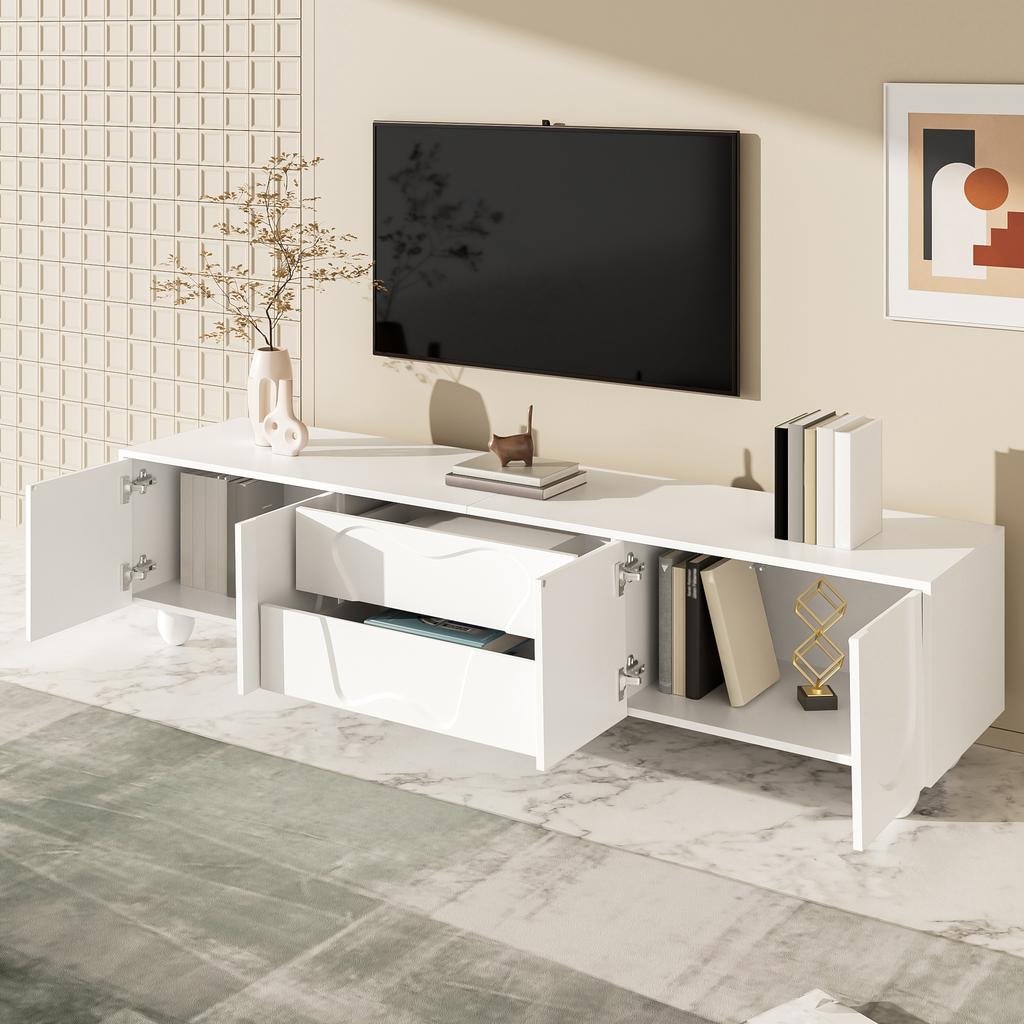 180 cm White TV Cabinet with Wooden Legs – A minimalist TV cabinet with storage space, unique design and flexible storage options.