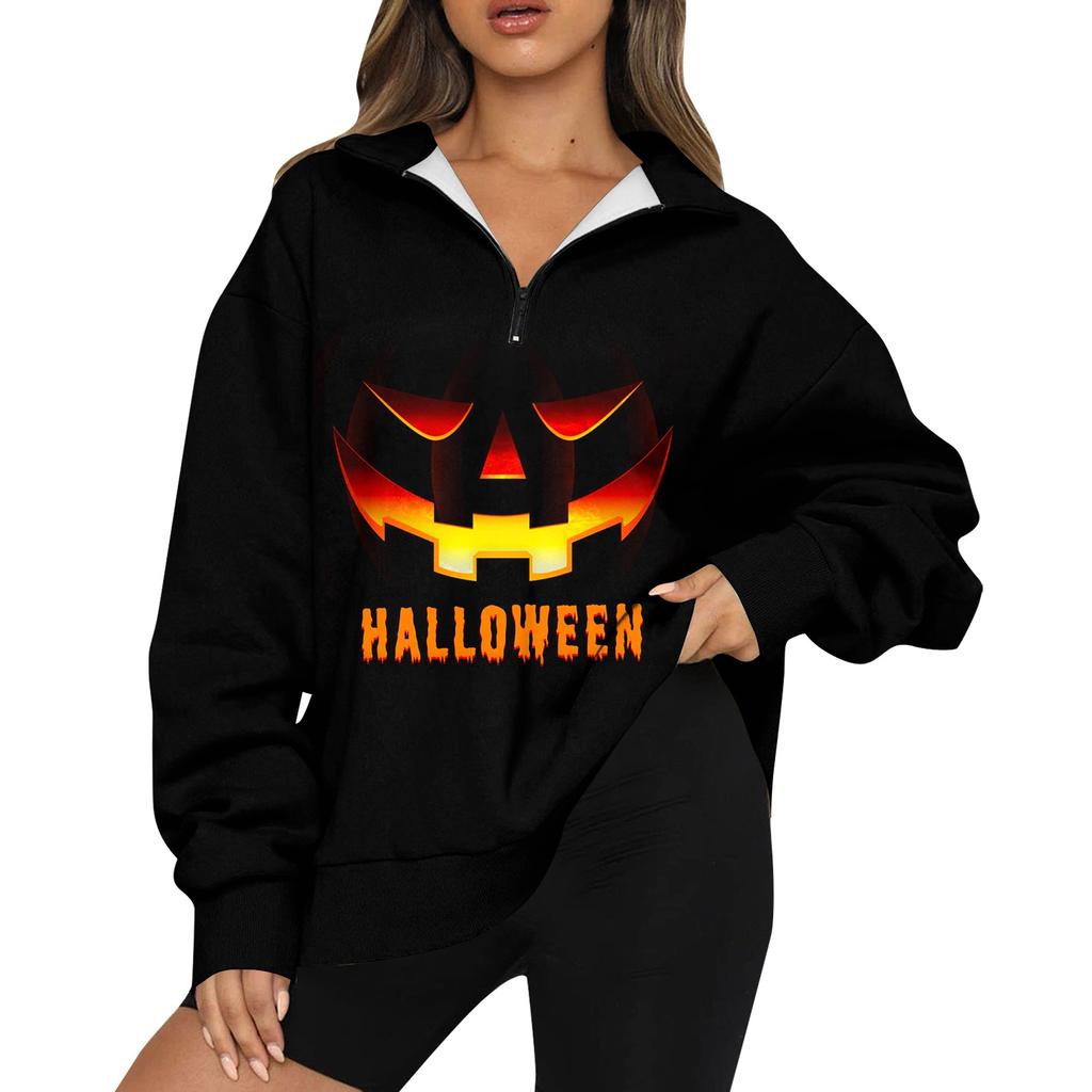 Women's Fashion Casual Long Sleeve Halloween Printed Zipper Turtleneck Drop Shoulder Sweatshirt Top