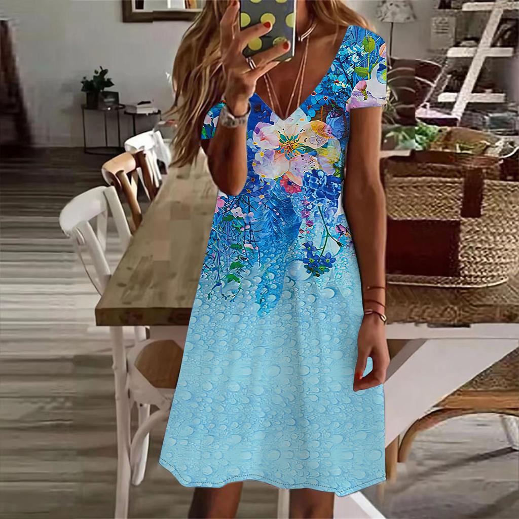 Summer Fashion Women's V Neck Short Sleeve Blue Peach Blossom Printed Dress Sex Dress
