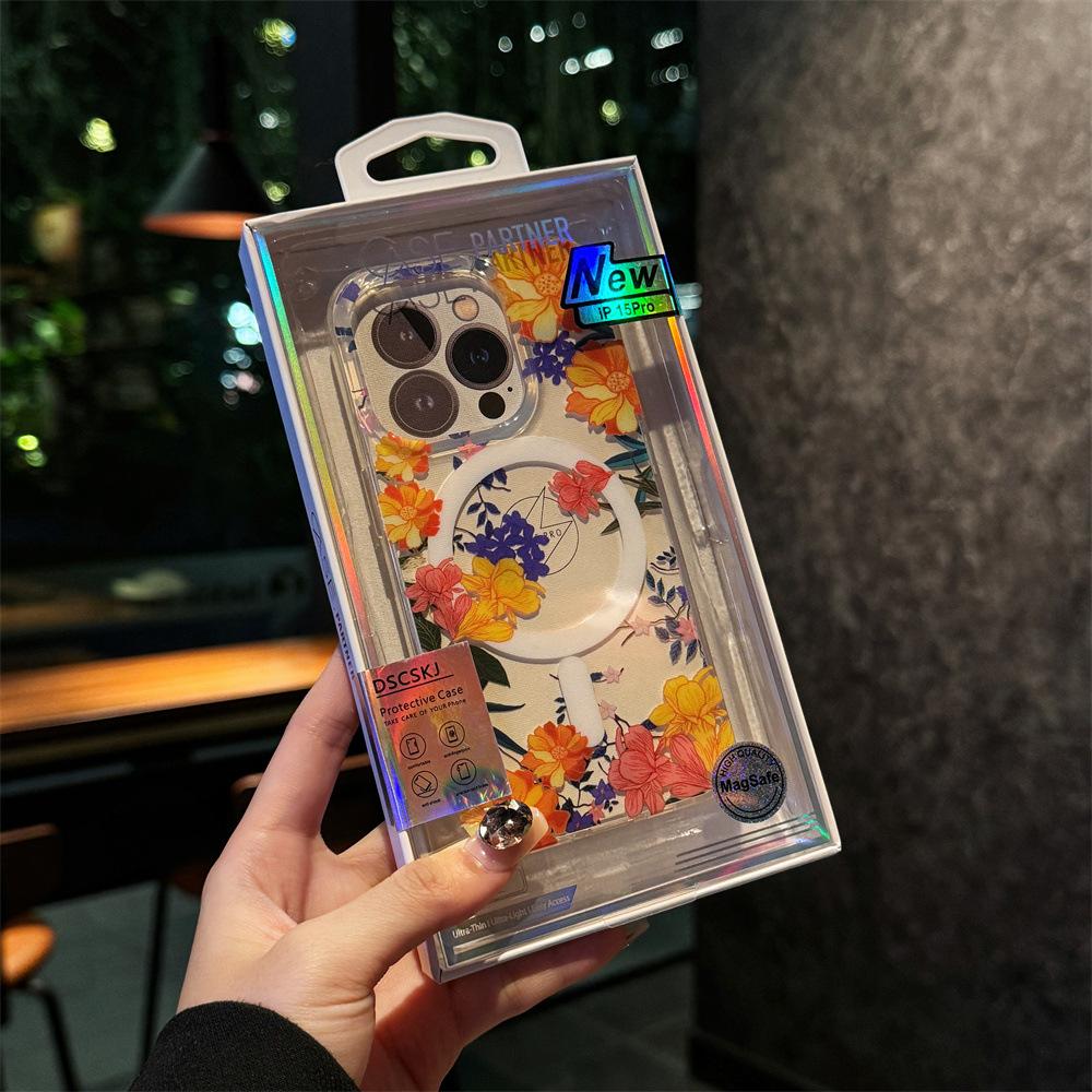 Чехол для мобильного телефона Apple 16 с упаковкой, подходит для IPhone15, двухслойный печатный магнитный чехол Magsafe Floral 11/14