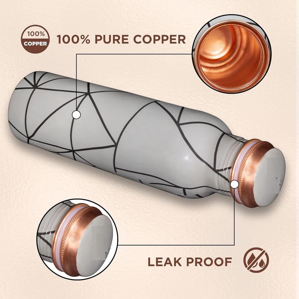 Pure Copper Water Bottle 1 Litre Alkaline and Anti Oxidant 100% Leak Proof, Office, Modern Tamba Bottle (Grey Abstract Line)