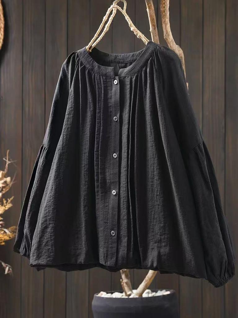 Johnature Women Spring Vintage Shirts Button Solid Color Blouses Loose O-Neck Long Sleeve Casual Female Shirts